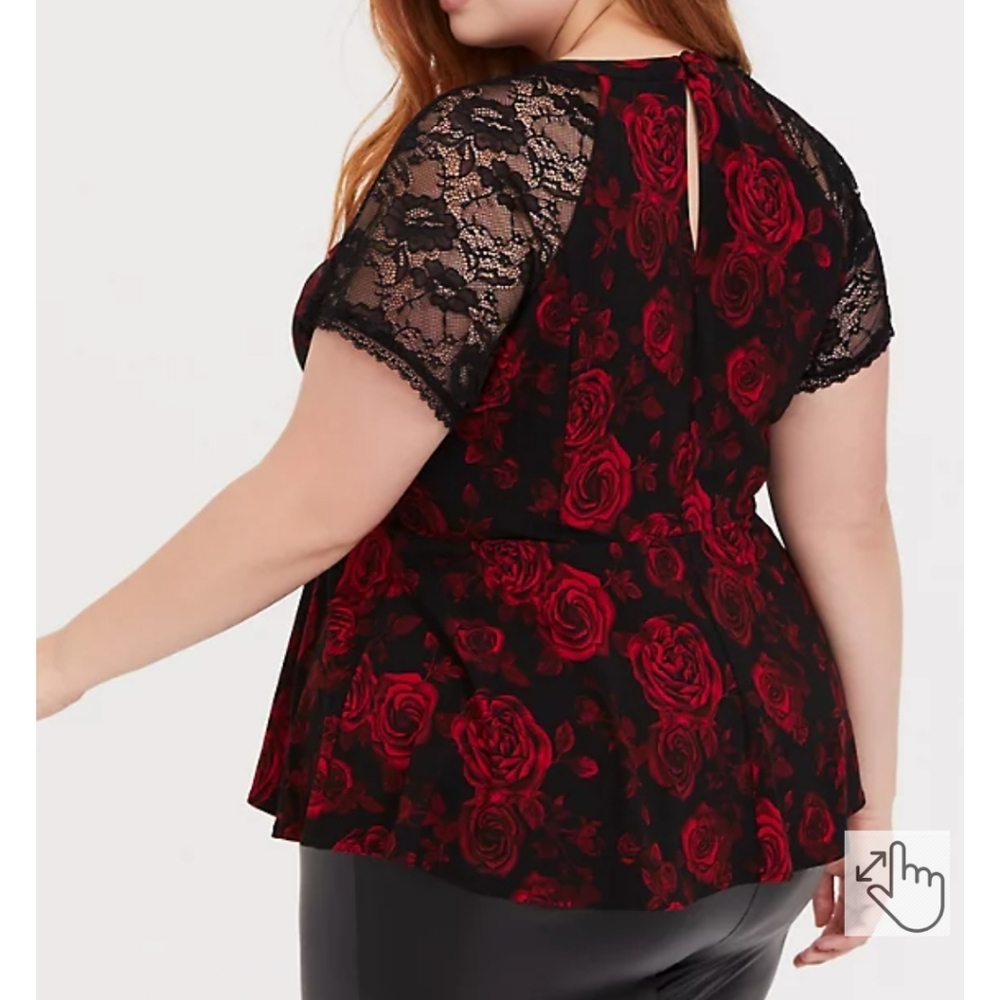 Torrid BLACK & RED FLORAL CREPE LACE SLEEVE PEPLUM TOP